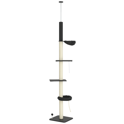 Floor To Ceiling Cat Tree, 5-Tier Cat Climbing Tower, 95-106 Height Adjustable with Carpeted Platforms, Cozy Bed, Hammock, Scratching Post & Toy Ball for Indoor Cats, Dark Gray and Cream