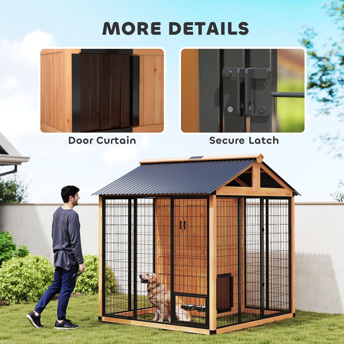 7 x 6 Extra Large Dog House, Wood Outdoor Dog Kennel with Storage Cabinet, Stainless Steel Bowls, Light Yellow