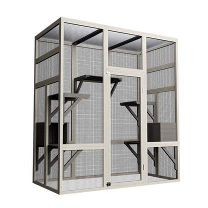 62.6" Gray Outdoor Wooden Cat House Large Catio, Solid Wood Cat Cage Shelter Enclosure Playpen with Anti-UV& Waterproof, 5 Platforms and 2 Resting Boxes