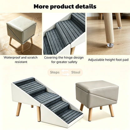 2-in-1 Dog Stairs for Bed and Couch 18.89" Foldable Dog Ramp for Couch 4 Pet Steps  & Ottoman for Small Dogs, Beige