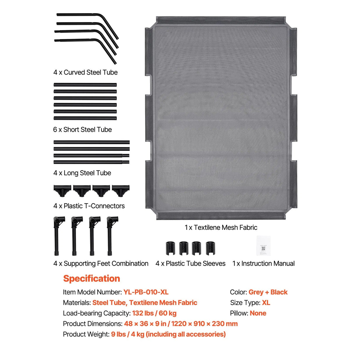 Elevated Dog Bed For Large Dogs XL, Raised Dog Cot With Heavy Duty Steel Frame, Breathable Teslin Mesh Cooling Dog Bed, Indoor & Outdoor Portable Hammock Pet Bed, Grey