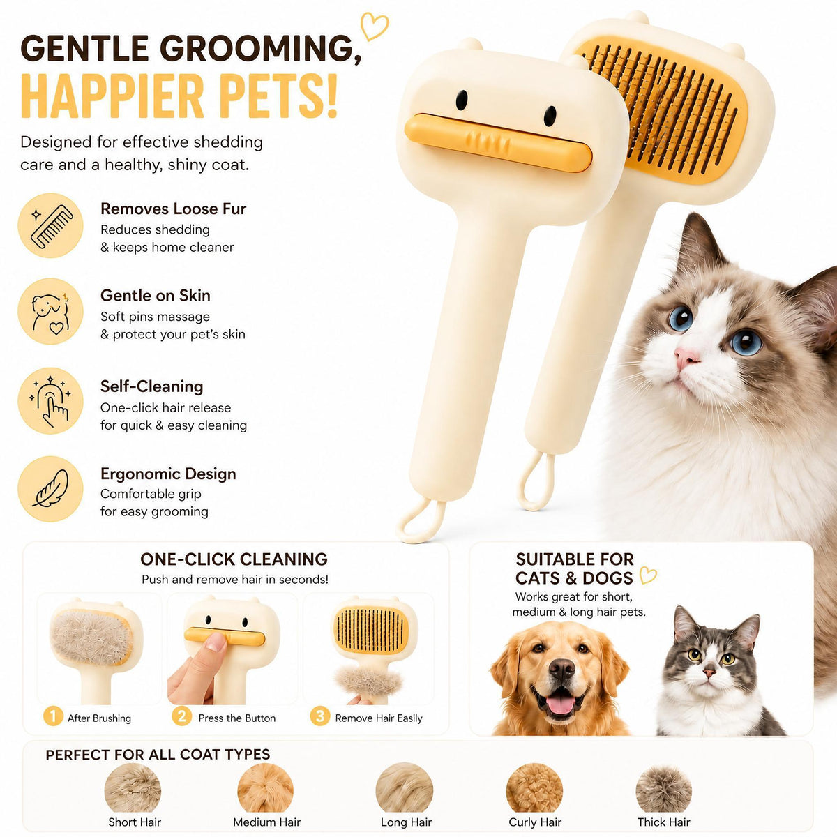 Cute Cartoon Bear Self-Cleaning Pet Brush  Universal Deshedding Comb For Cats And Dogs  Removes Loose Fur & Detangles  Comfortable Non-Slip Handle Pet Grooming Tool