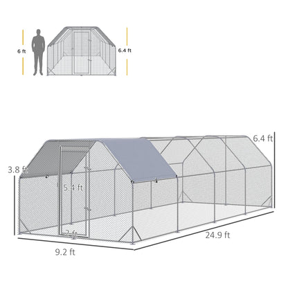 Large Chicken Coop Metal Chicken Run with Waterproof and Anti-UV Cover, Flat Shaped Walk in Fence Cage Hen House for Outdoor and Yard Farm Use, 1" Tube Diameter, 9.2 x 24.9 x 6.4
