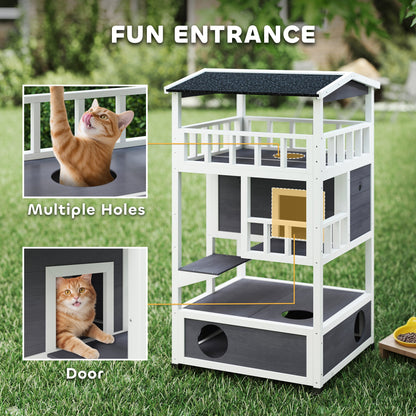 Wooden Outdoor Cat House, Feral Cat Shelter Kitten Condo with Asphalt Roof, Escape Doors, Condo, Jumping Platform, Gray
