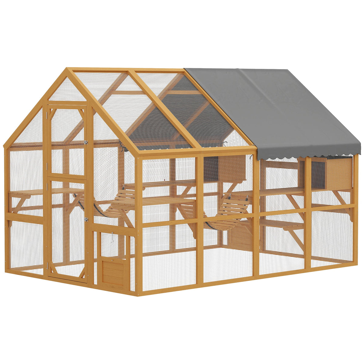 Wooden Catio Outdoor Cat Enclosure, Large Cat House with Waterproof Cover, 2 Condos, 6 Platforms, Bridge, Doors, Yellow