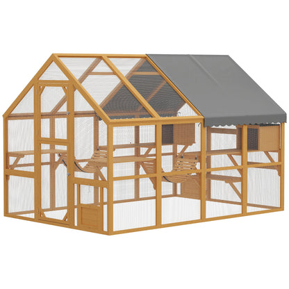 Wooden Catio Outdoor Cat Enclosure, Large Cat House with Waterproof Cover, 2 Condos, 6 Platforms, Bridge, Doors, Yellow