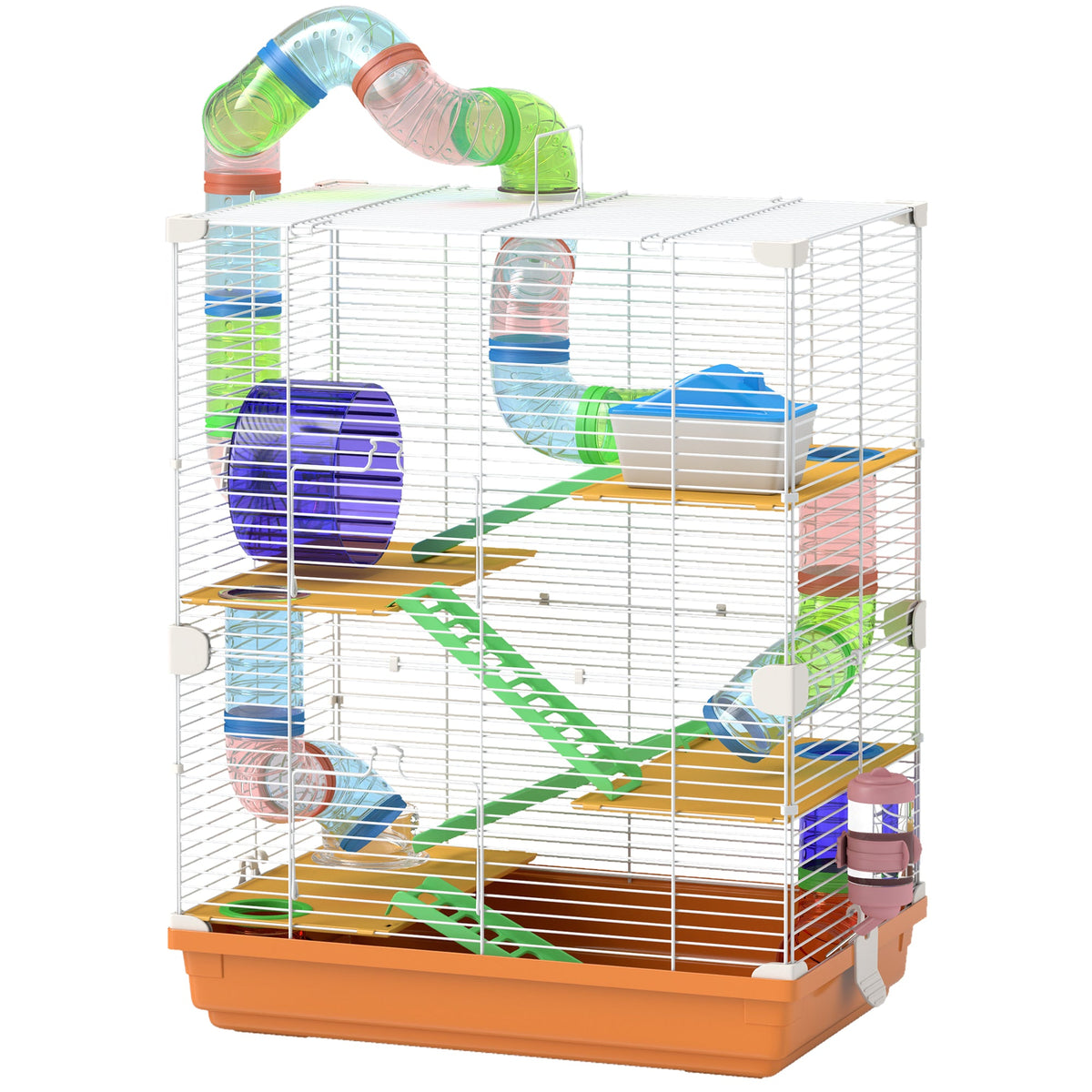 5 Tiers Hamster Cage Portable Animal Travel Carrier w/ Exercise Wheels Tube, Orange