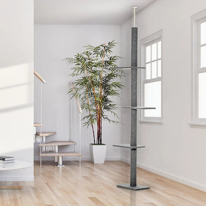 PawHut Floor-to-Ceiling Cat Tree Cat Climbing Tower With Sisal-Covered Scratching Posts Natural Cat Tree Activity Center For Kittens Cat Tower Furniture, Grey