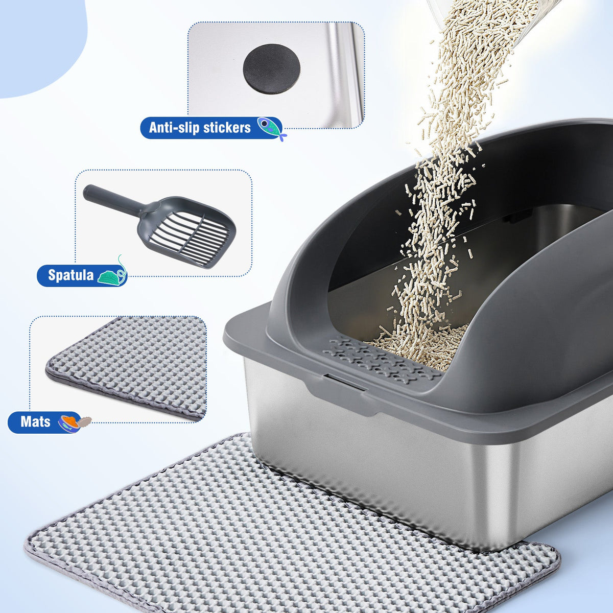 Stainless Steel Cat Litter Box With Lid, Large Cat Litter Box For Big Cats, Scoop And Mat Included