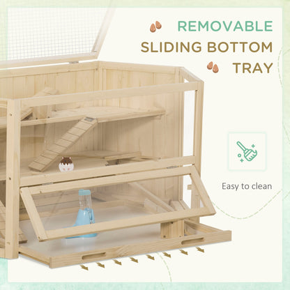 Wooden Large Hamster Cage Small Animal Exercise Play House 3 Tier with Tray, Seesaws, Water Bottle, Activity Center, Natural