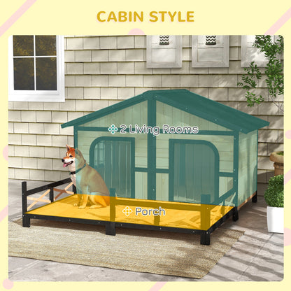 59x64x39 Large Wooden Dog House Raised Weatherproof Rustic Log Cabin Style Elevated Pet Shelter Porch Deck, Natural