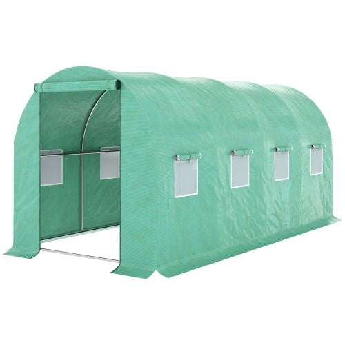 Outsunny 15x 7x 6.5 Walk-in Tunnel Hoop Greenhouse, Green House With Polyethylene PE Cover, Steel Frame, Roll-Up Zipper Door & Windows For Flowers, Vegetables, Tropical Plants, Green