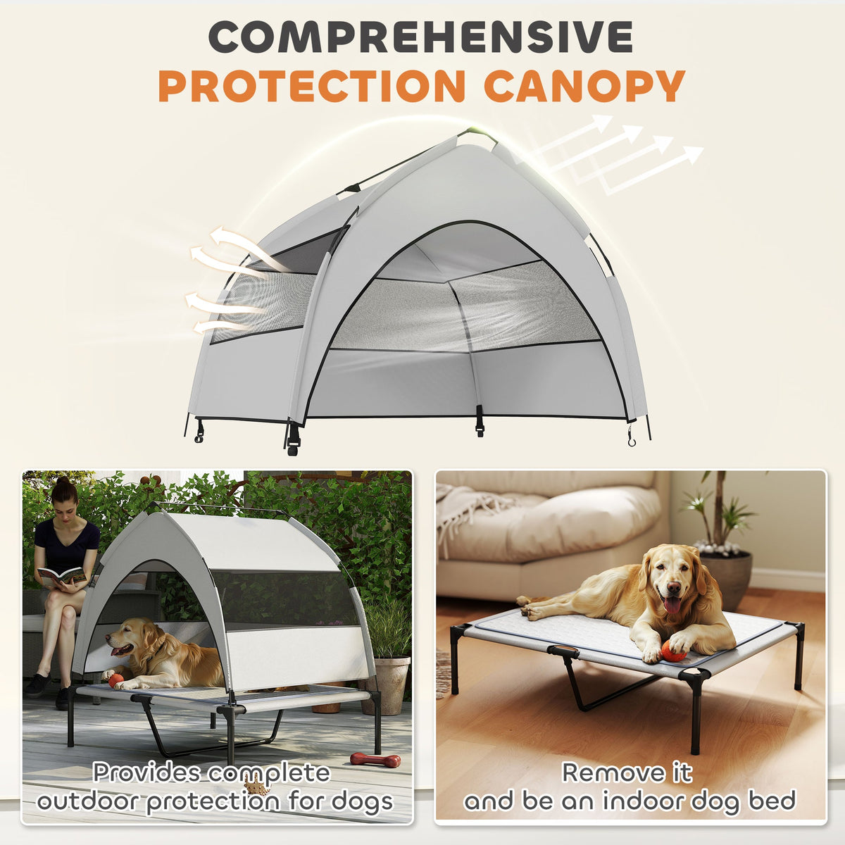 Elevated Dog Bed with Removable Canopy, Portable Outside Raised Pet Cot with Cooling Pad, Storage Bag, 36" x 29.5" x 35"
