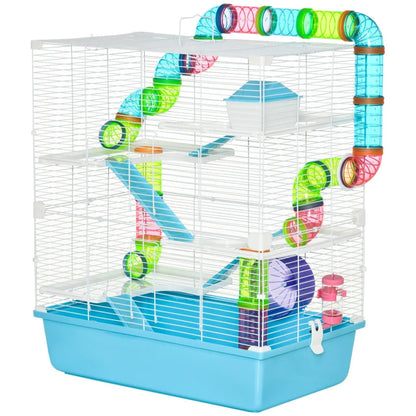 Hamster Cage With Tubes And Tunnels, Portable Carry Handles, Rat House And Habitats Big 5-Tier Design, Mouse Cage Includes Exercise Wheel, Water Bottle, Food Dish, Light Blue