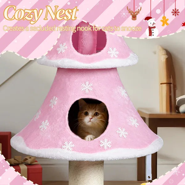 59in Large Tall Christmas Tree Cat Tower With 2 Cat Condos & Scratching Post, Soft Fleece Cat Tree With Teaser Toy & Sturdy Base & Built-in Openings For Indoor Cats, Pink
