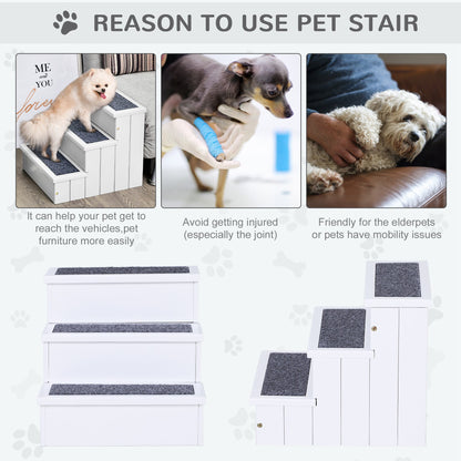 3 Step Wooden Carpeted Non Slip Pet Stairs Ramp for Cats and Small Dogs - White