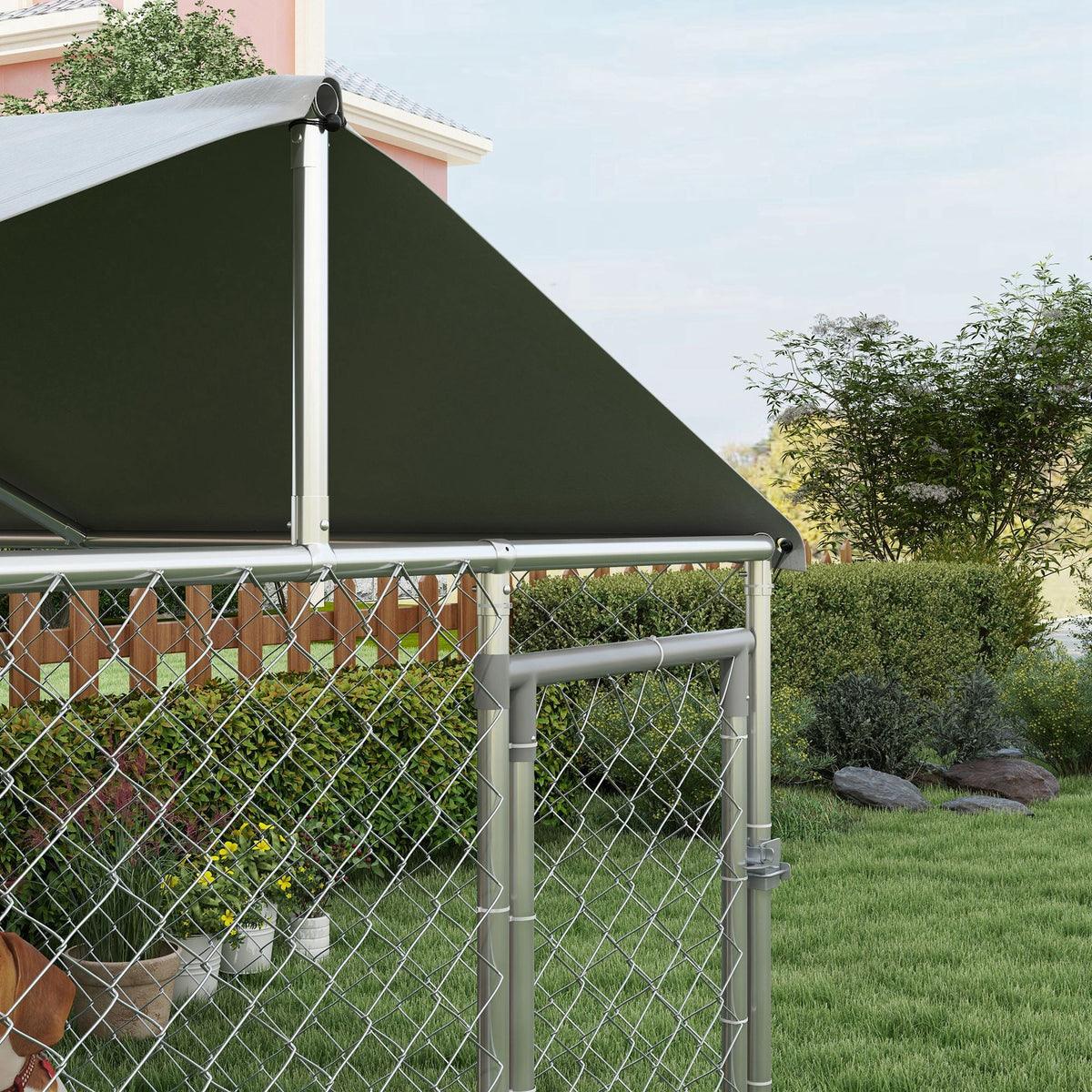 6.6 x 6.6 x 4.9 Dog Kennel Outdoor for Small Medium Dogs with Waterproof Roof, Silver