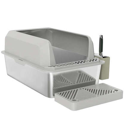 Stainless Steel Litter Box with Metal Scoop & Scoop Holder, High Sided, Anti-Urine Leakage, Non-Sticky