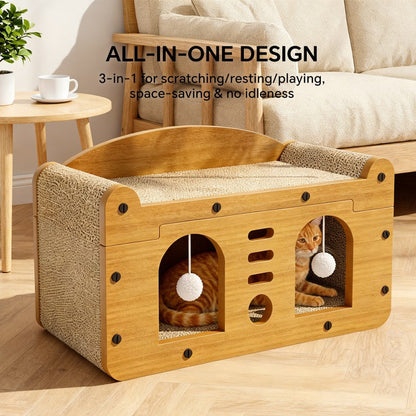 Double Door Design Cat Scratcher Sofa, 56cm Large Size, With 2 Teaser Balls, For Large & Multi-Cat Households