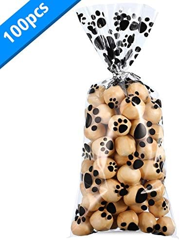 Blulu 100 Pieces Dog Treat Bags Puppy Party Favor Pet Paw Cone Cellophane Bags Candy Heat SealableDog Paw Gift with 100 Pieces Silver Twist Ties for Pet Cat Treat Party Favor(Black)