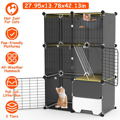 3 Tier Cat Cage Indoor With Litter Box Hammock Detachable Metal Wire Cat Kennel Cat House Cat Enclosure With Ladder For 1-2 Kittens