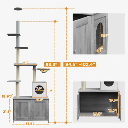 PawHut Cat Tree With Litter Box Enclosure, 2 In 1 Floor To Ceiling Cat Tower Litter Box Furniture With Condo, Bed, Hammock, Scratching Posts, And Platforms For Indoor Use, Gray