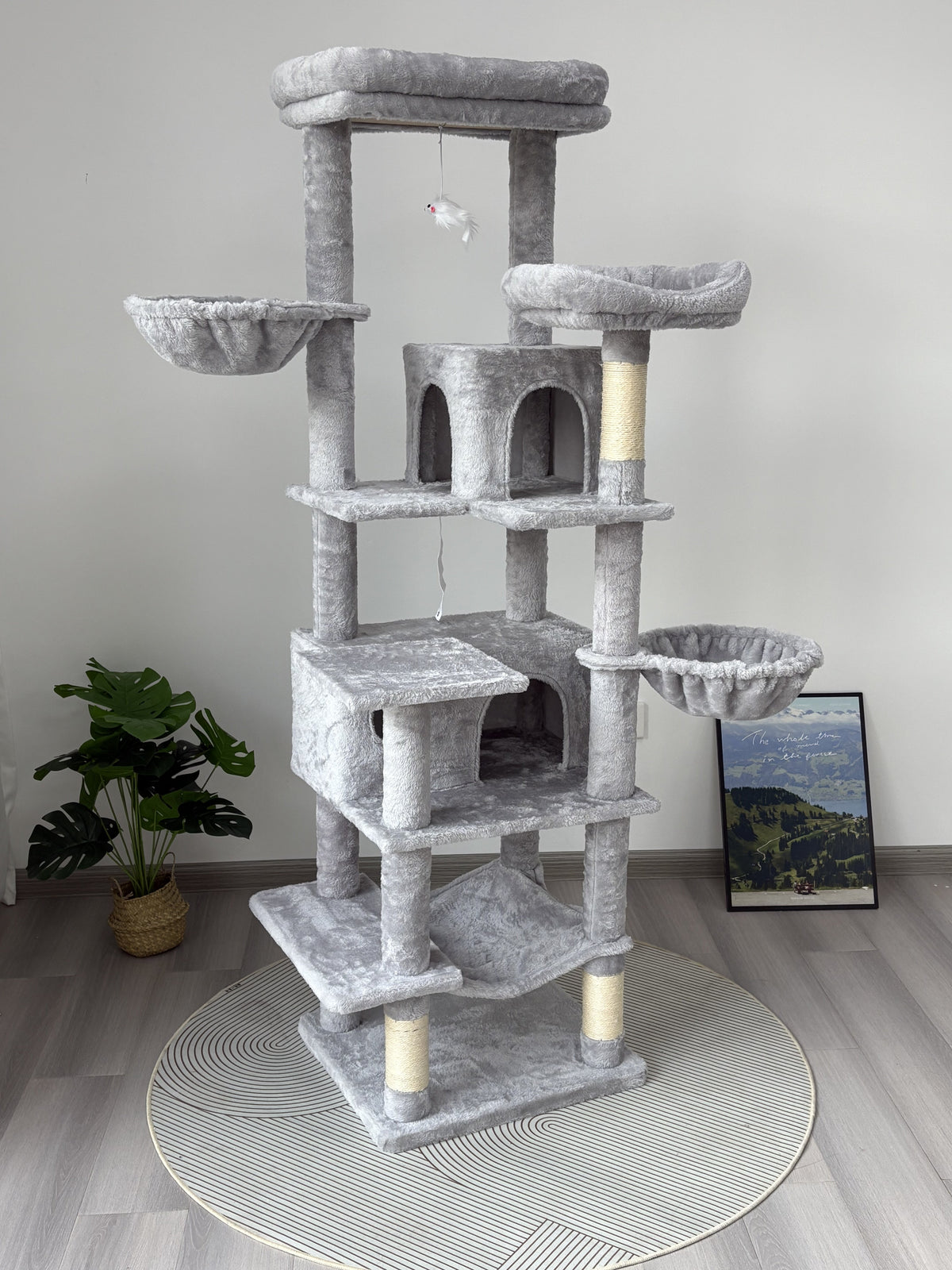 68in Tall Multi-Level Green Cat Tree with Hammocks, Hanging Basket, Cat Cave, Removeable Cushion, Scratching Posts - Plush Cat Tower for Indoor Cats, Perfect for Multiple Cats Grey