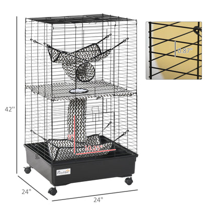 42" Ferret Cage, Small Animal Habitat Metal Pet Cage with Wheels Brakes, Hammocks, Hanging Tunnels, and 3 Doors, Black