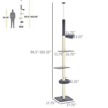Floor To Ceiling Cat Tree, 5-Tier Cat Climbing Tower, 95-106 Height Adjustable with Carpeted Platforms, Cozy Bed, Hammock, Scratching Post & Toy Ball for Indoor Cats, Dark Gray and Cream