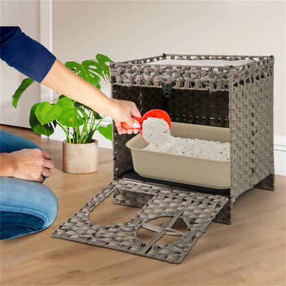 2-Tier Wicker Cat Condo With Litter Mat - Hidden Litter Box Enclosure, Detachable Washable Cushion, Gray Rattan