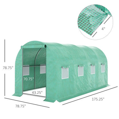 Outsunny 15x 7x 6.5 Walk-in Tunnel Hoop Greenhouse, Green House With Polyethylene PE Cover, Steel Frame, Roll-Up Zipper Door & Windows For Flowers, Vegetables, Tropical Plants, Green