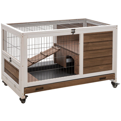 Indoor Rabbit Enclosure, On Wheels, Indoor Bunny Cage Small Animal House With Pull Out Tray Casters Ramp, 35.5 X 21 X 23, Brown