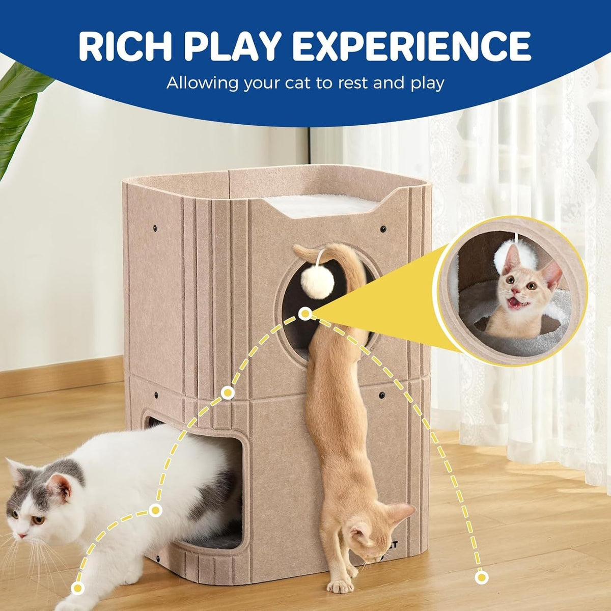 ABCPET Cat House  Indoor Felt Cat Bed  Scratch-Resistant Kitten Cube With Hanging Ball Light Gray,Pickup Only