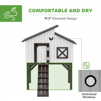 Chicken Coop Hen House with Nesting Box, Elevated Rabbit Hutch with Ramp, Asphalt Openable Roof and Elevated Legs
