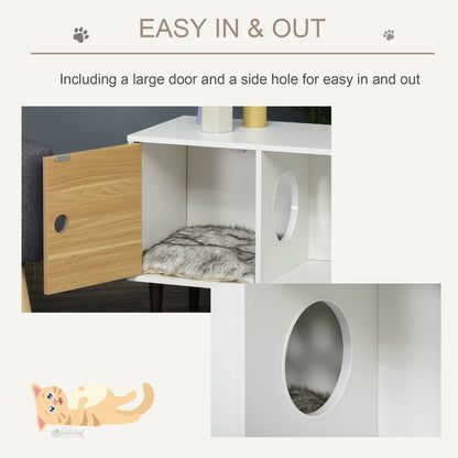 Wooden Cat House with Soft Cushion, Decorative Kitten Condo Side Table, Elevated Pet House with Storage Space
