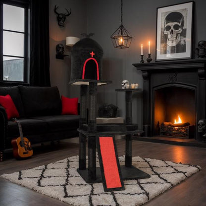 53in Gothic Cat Tree With Coffin Bed, Large Cat Tower With Spacious Cat Condo, Scratching Posts, Spider Hanging Toys, Scratching Board, Multi-Level Cat Activities Furniture For Large Cats, Red & Black