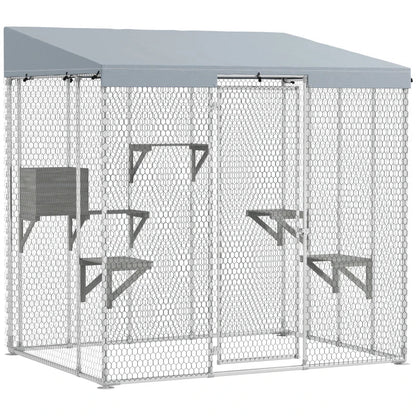 Galvanized Steel Large Catio With Waterproof Canopy, Sleeping Box, Jumping Platforms, For 1-3 Kittens, SilverMultiple Packages Shipped. Please Pay Attention To The Dimensions And Weight In The Details
