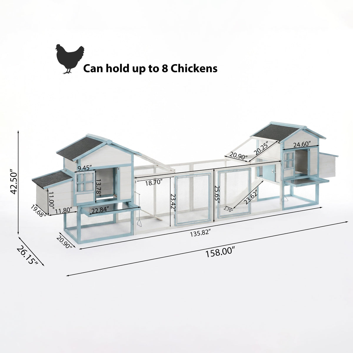 Large Wooden Chicken Coop with Double Nesting Boxes, Outdoor Walk-In Chicken Run with Waterproof Asphalt Roof, Fir Wood Poultry Cage with Pull-Out Dropping Trays, Blue & White Backyard Hen House