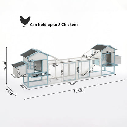 Large Wooden Chicken Coop with Double Nesting Boxes, Outdoor Walk-In Chicken Run with Waterproof Asphalt Roof, Fir Wood Poultry Cage with Pull-Out Dropping Trays, Blue & White Backyard Hen House