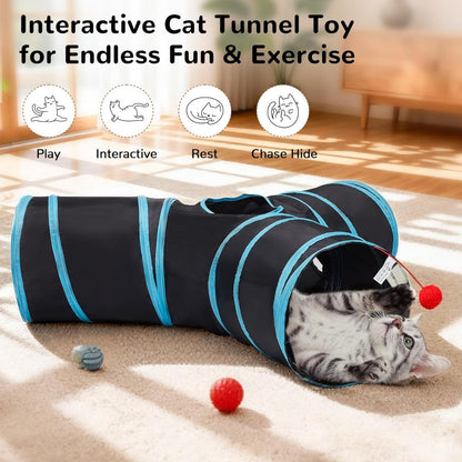 Pet Cat Tunnel Tube Toys 3 Way Collapsible, Tunnels For Indoor Cats, Interactive Tube With Teaser Wand, Peek Holes