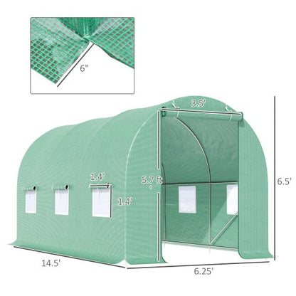 Outsunny 15X 6 X 7 Walk-in Tunnel Greenhouse Garden Plant Growing House With Door And Ventilation Window, Green