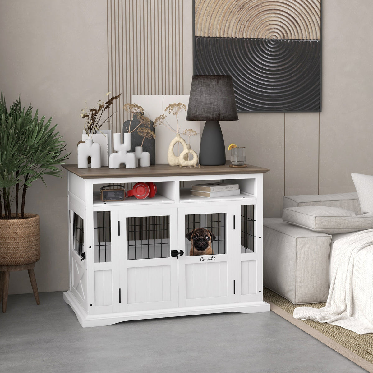 Dog Kennel Furniture Side End Table with Storage, Double Doors for Small and Medium Dogs, White