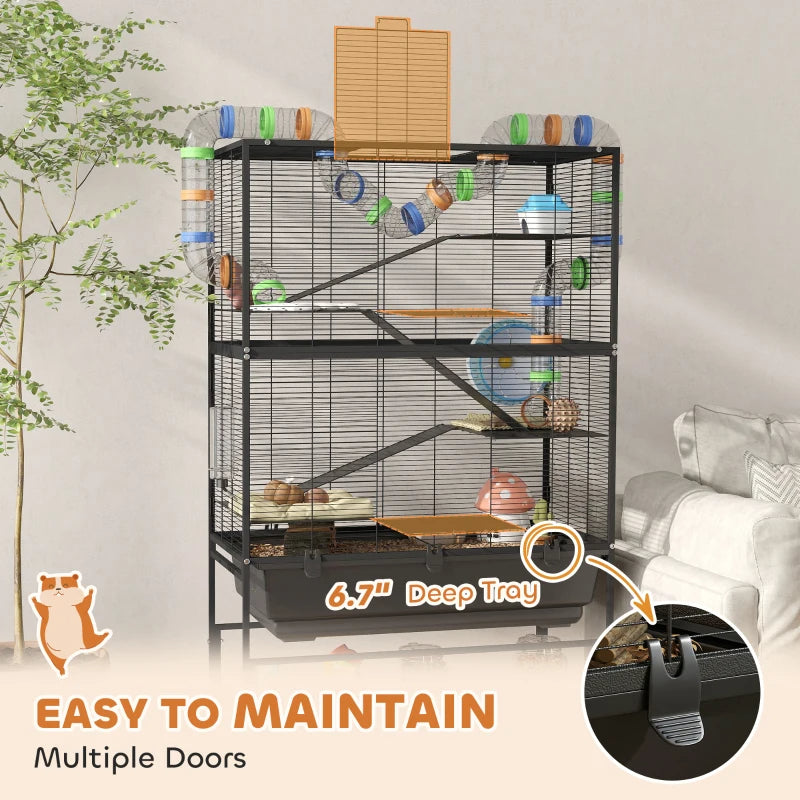 PawHut 5 Tier Hamster Cage, Rolling Rat Cage With Deep Tray, Storage Shelf, Big Exercise Wheel, Hut, Tube System