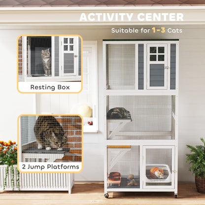 74" Wooden Catio Outdoor Cat Enclosure Weatherproof & Wheeled, Outside Cat House with High Weight Capacity, Kitten Cage Condo, White