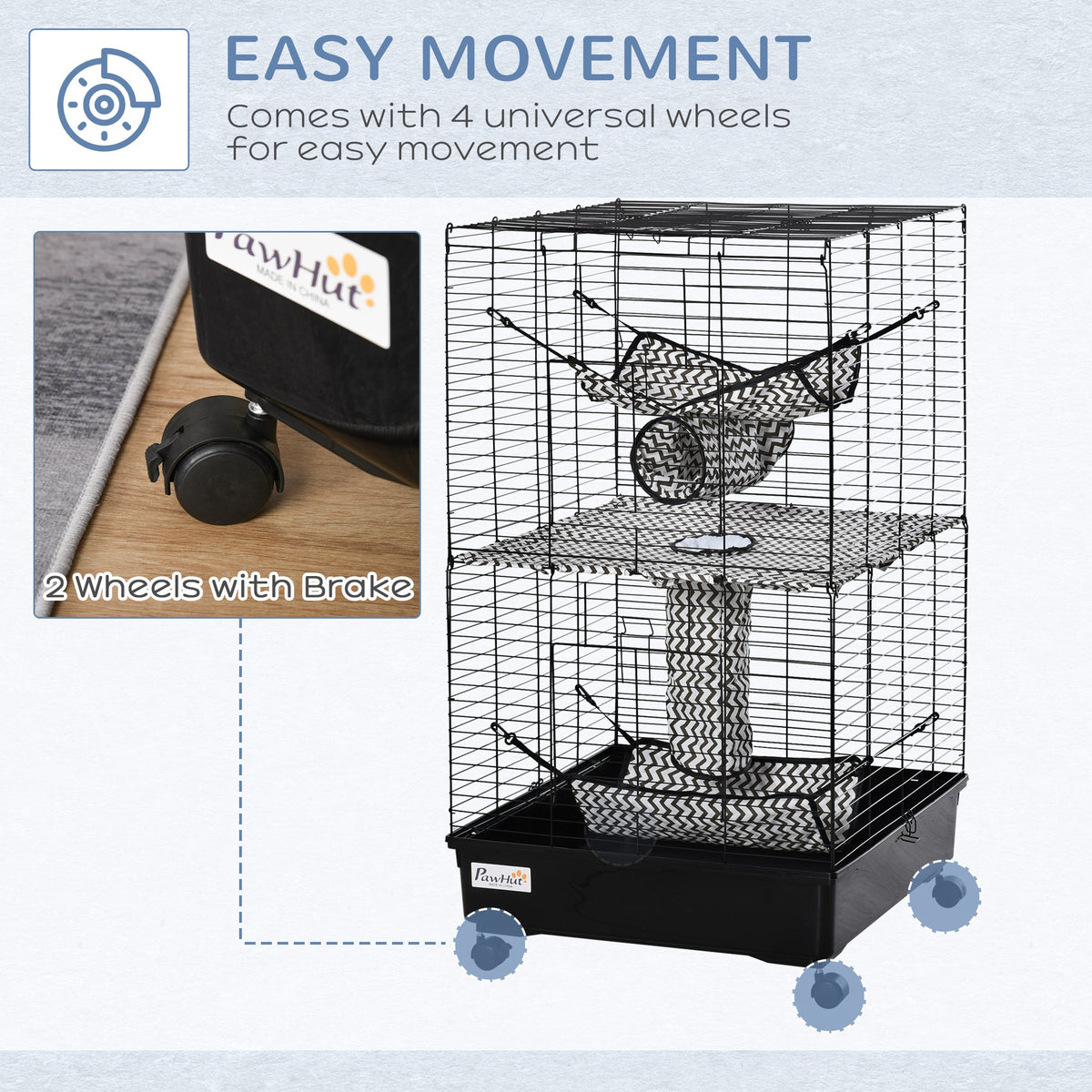 42" Ferret Cage, Small Animal Habitat Metal Pet Cage with Wheels Brakes, Hammocks, Hanging Tunnels, and 3 Doors, Black