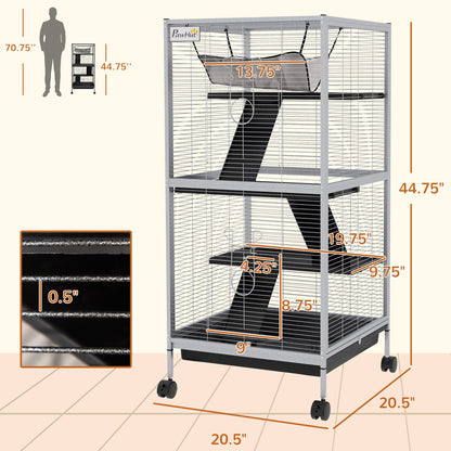 45" H Rolling Small Animal Cage with Hammock, Ferret Cage, Chinchilla Cage, Pet Habitat with 6 Doors, Removable Tray