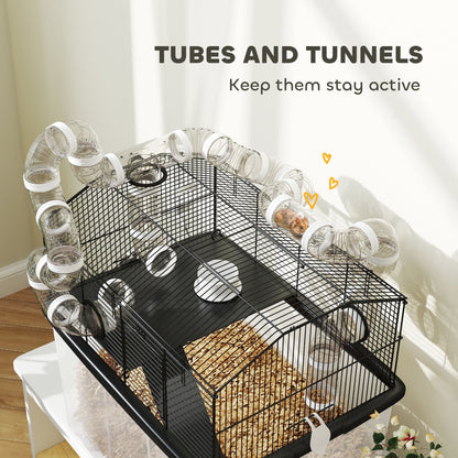 2 Tier Hamster Cage with 12" Deep Tray, Tube System, Water Bottle, Ramp, Feeding Bowl, 23" x 17" x 22", Black
