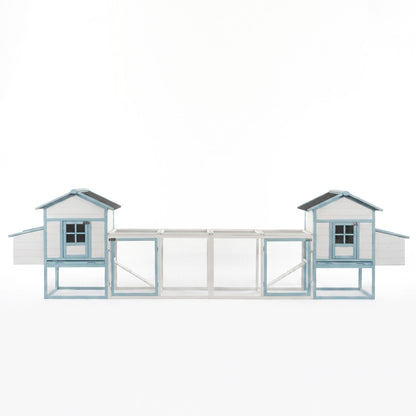 Large Wooden Chicken Coop with Double Nesting Boxes, Outdoor Walk-In Chicken Run with Waterproof Asphalt Roof, Fir Wood Poultry Cage with Pull-Out Dropping Trays, Blue & White Backyard Hen House
