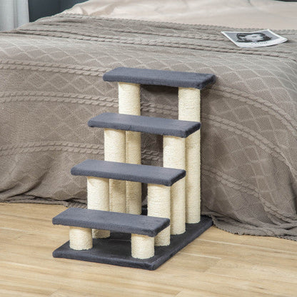 PawHut Cat Tree With 4 Steps For High Beds Couch, Cute Stair Shaped Cat Tree For Indoor Cats Or Dogs W Sisal Scratching Post, Climbing, Playing, Gray