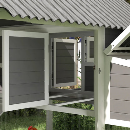 Wooden Chicken Coop With Run, 2 Nesting Boxes, 2 Roosting Bars, Ramp & Tray, Poultry Cage For 6-8 Chickens, Gray Multiple Packages